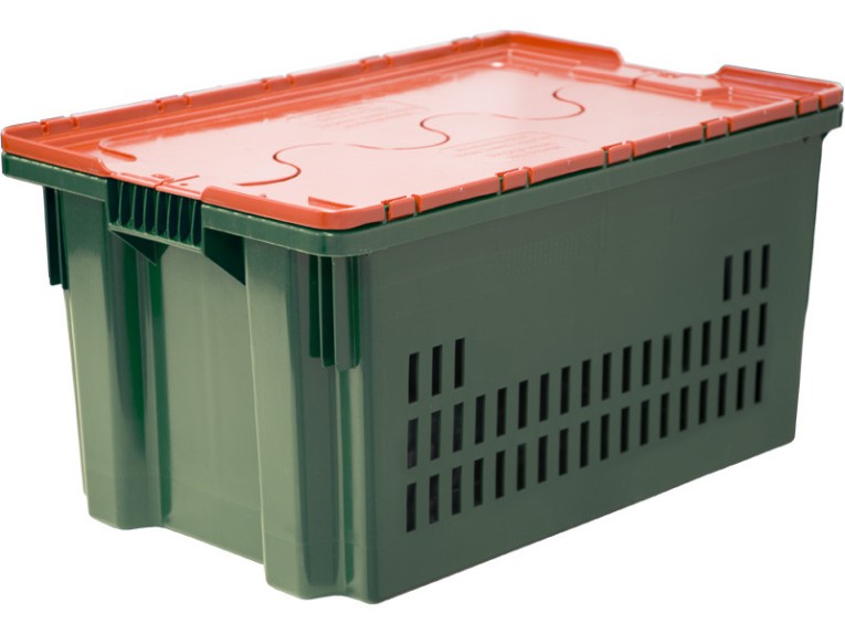 Ящик 600х400х300 дно сплошное, стенки перфорированные, Safe PRO цв. зелёный с оранжевой крышкой купить в 