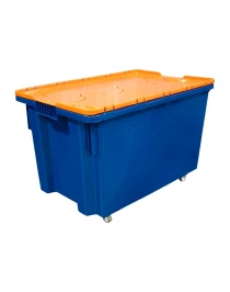 Ящик п/э 600х400х350 сплошной, Safe PRO цв. синий с оранжевой крышкой на колесах