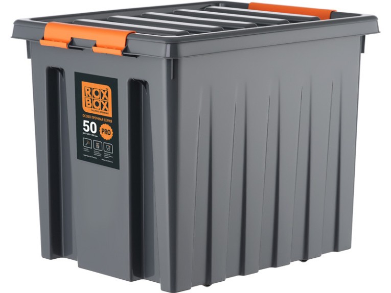 Контейнер особопрочный Rox Box PRO 50 (500х390х390 мм с крышкой и клипсами, на роликах, антрацит) купить в 