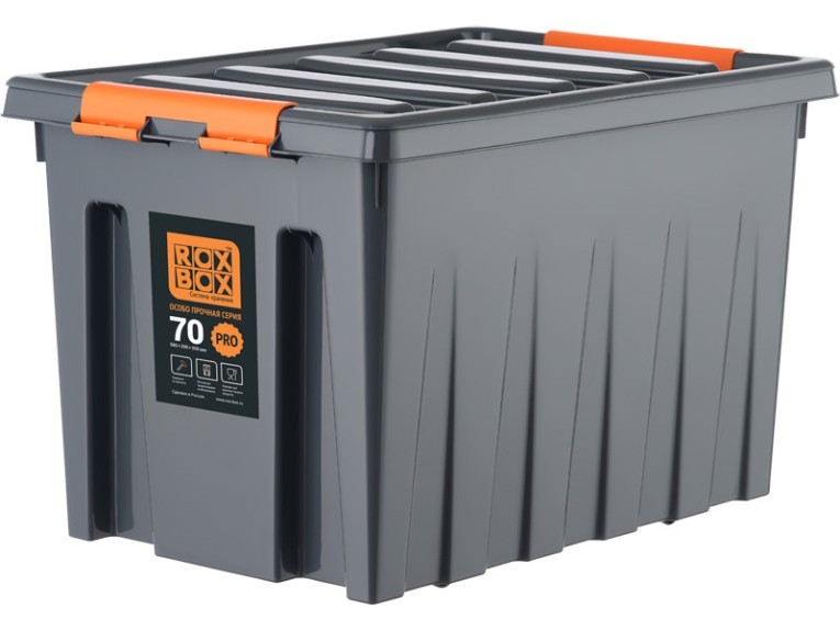 Контейнер особопрочный Rox Box PRO 70 (589х396х355 мм с крышкой и клипсами, на роликах, антрацит) купить в 